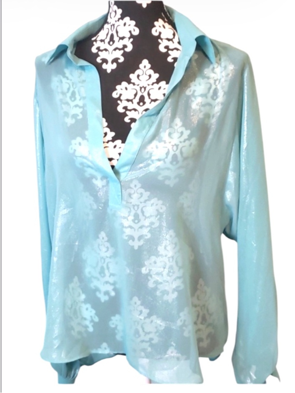 Bisou Bisou vintage aqua blue  cutout sleeves blouse sheer oversized 90s vintage